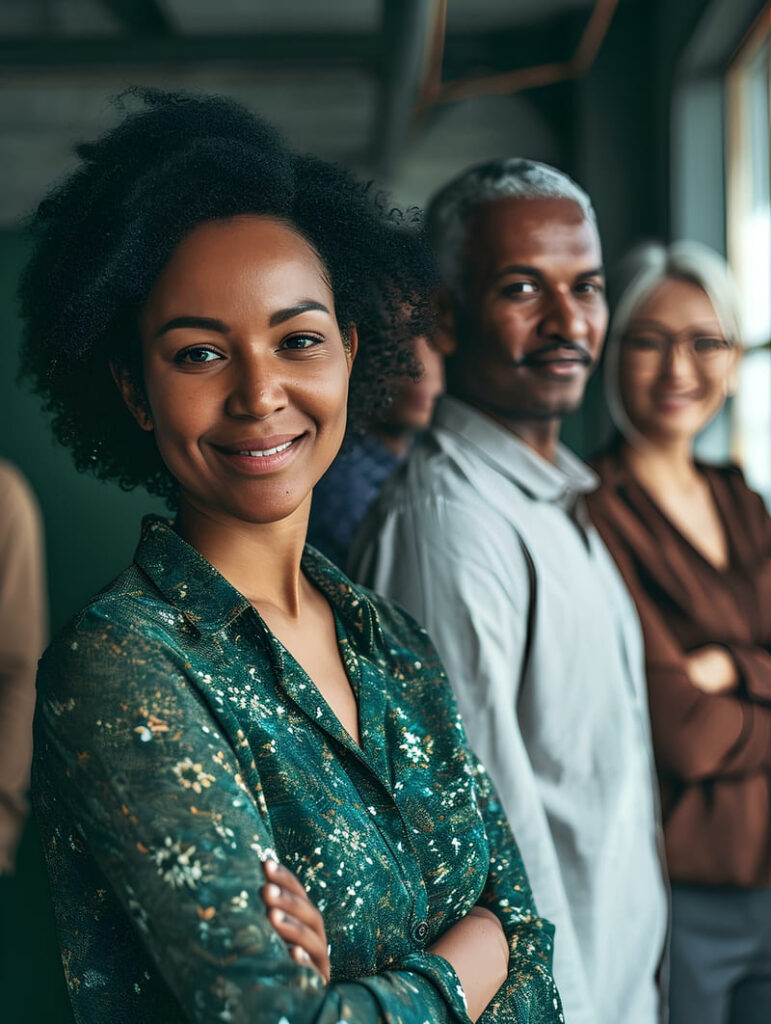 Smiling team of diverse businesspeople standing together in an office. generative AI